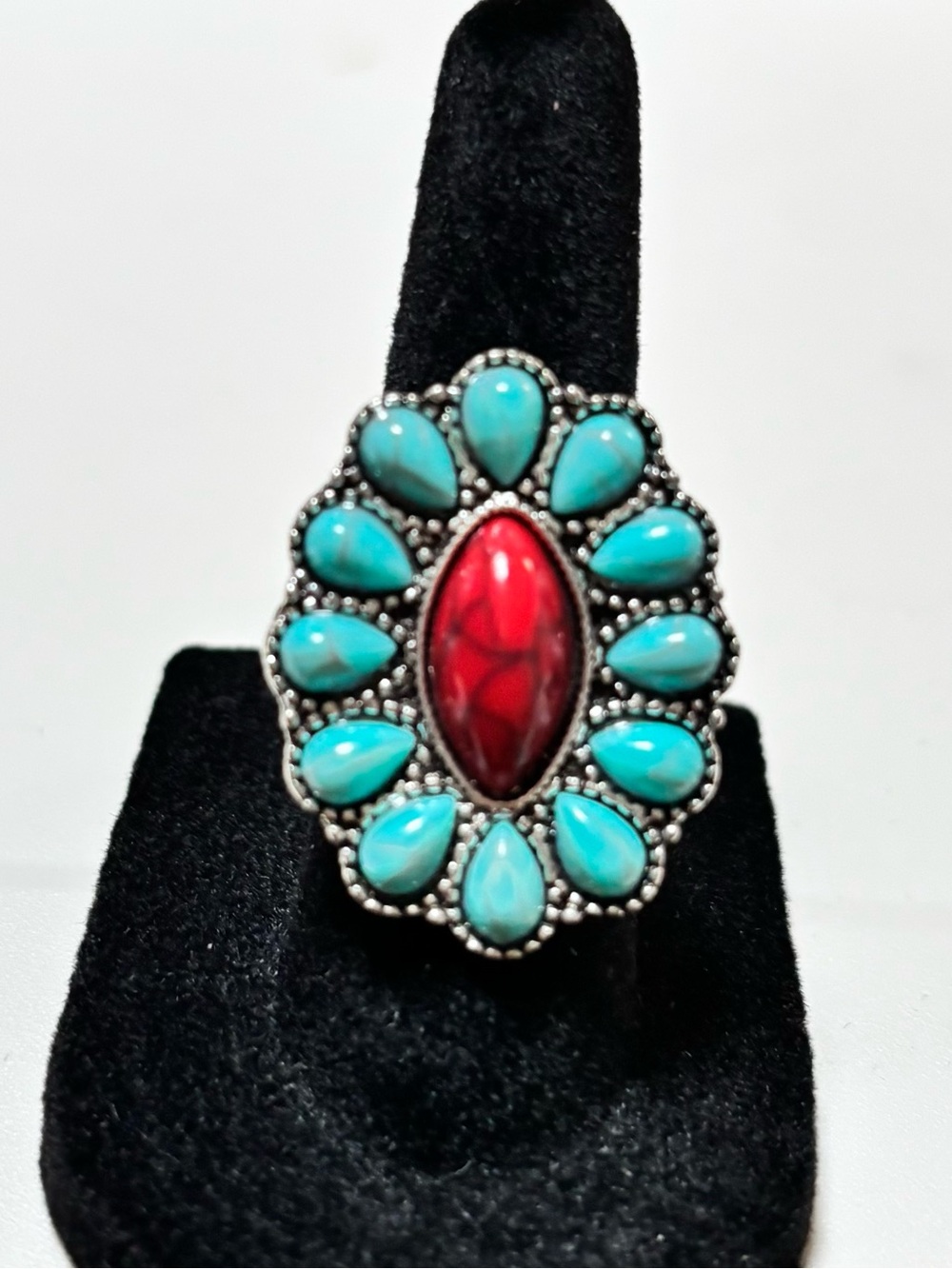 Turquoise and Red Coral Looking Cluster Statement Ring. Silvery. Size 6